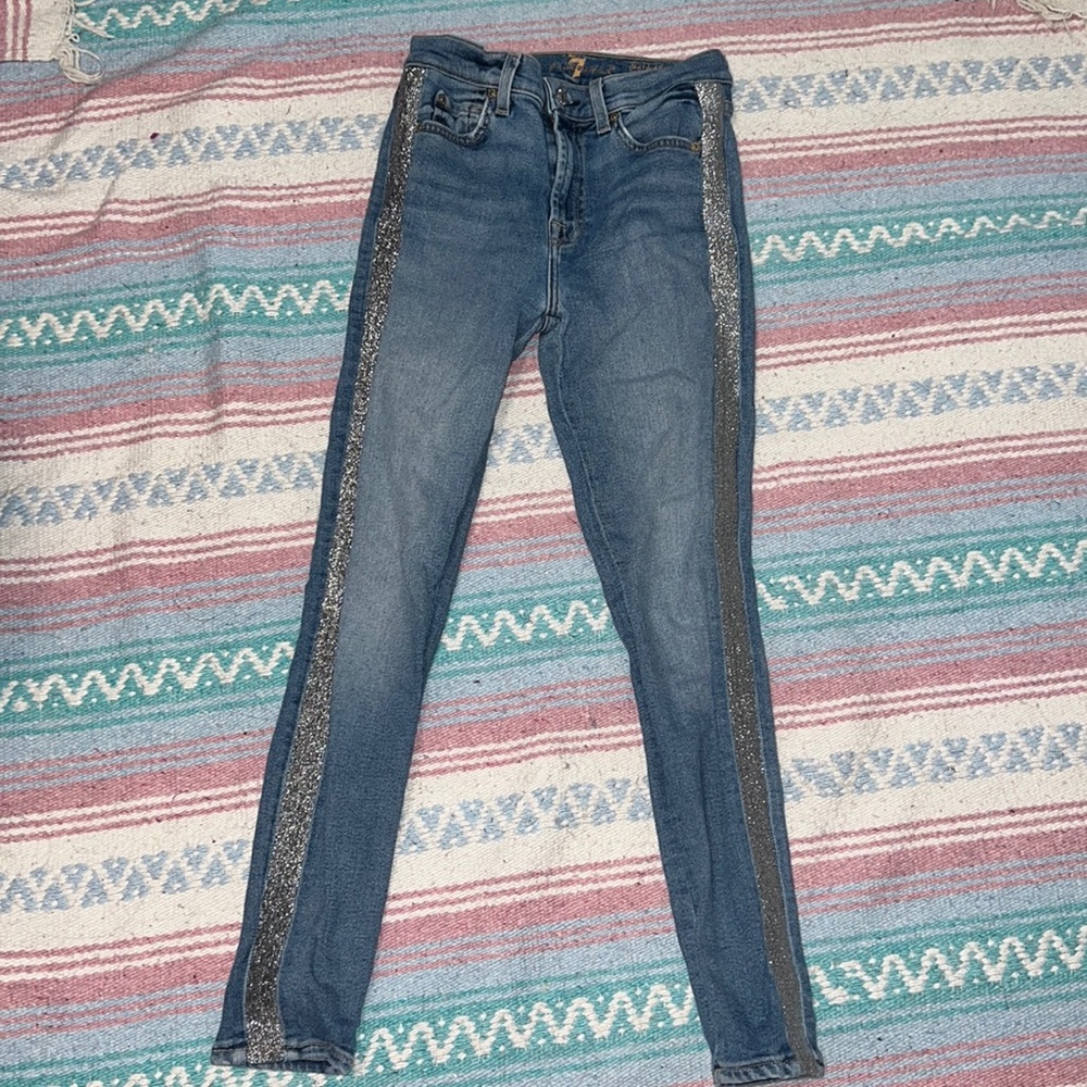 7 for all mankind high waisted skinny jeans with silver side stripes